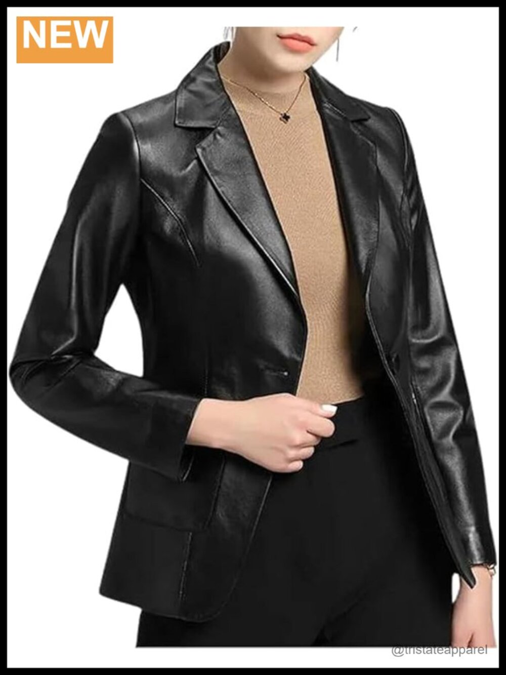 Women's Classic 2-Button Genuine Lambskin Leather Blazer Suit Jacket Long Sleeve